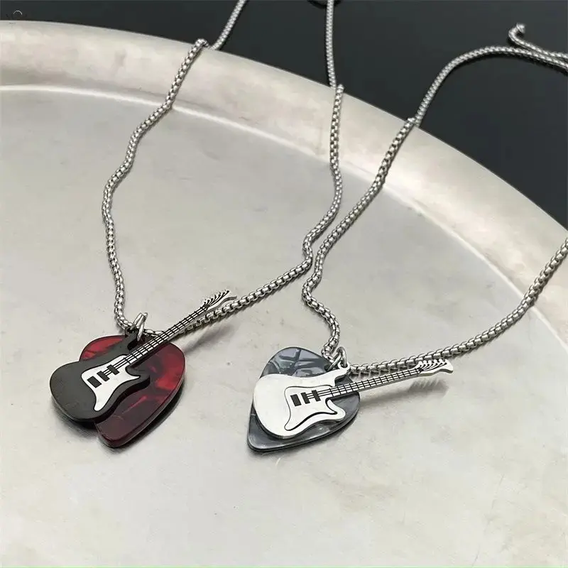 60cm Electric Guitar Pick Pendant Necklace 2 Color Options Black Red Marbled Plectrum Stainless Steel Rock Music Lovers Matching Couple Jewelry Punk Street Fashion Teen Gift