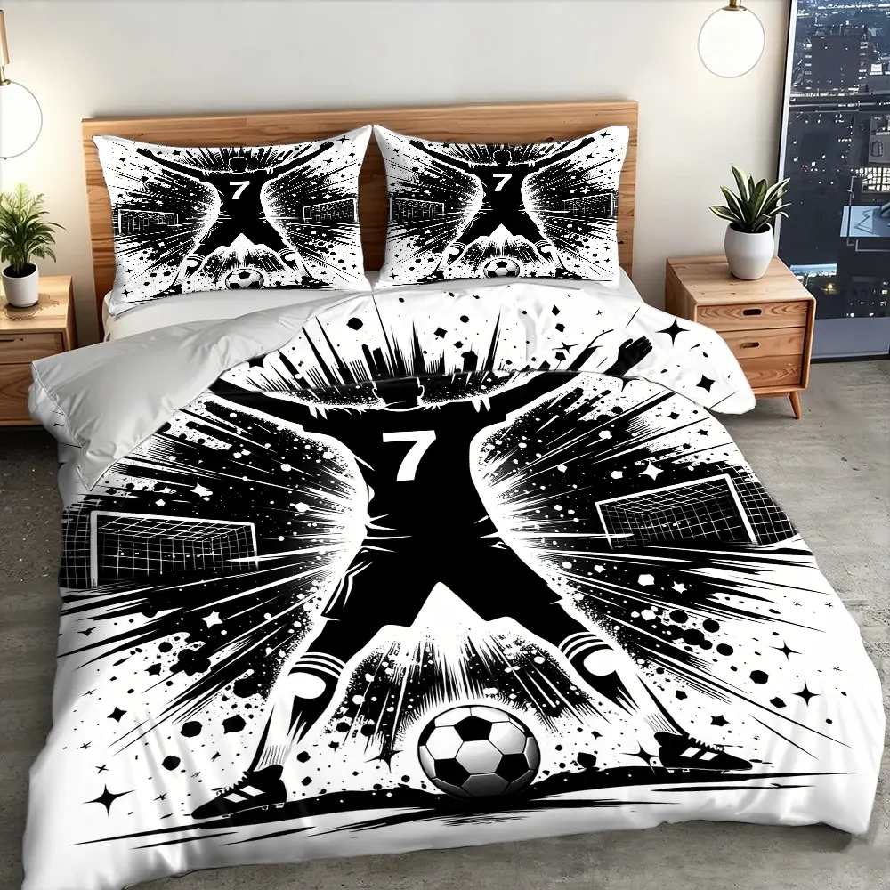 7 Star Silhouette Football 3PC Bedding Set, 1 Duvet Cover + 2 Pillowcases, Invisible Zipper Double Bed Cover, All-Season, Machine Washable, Trendy Sports-Style for Home, Dormitory
