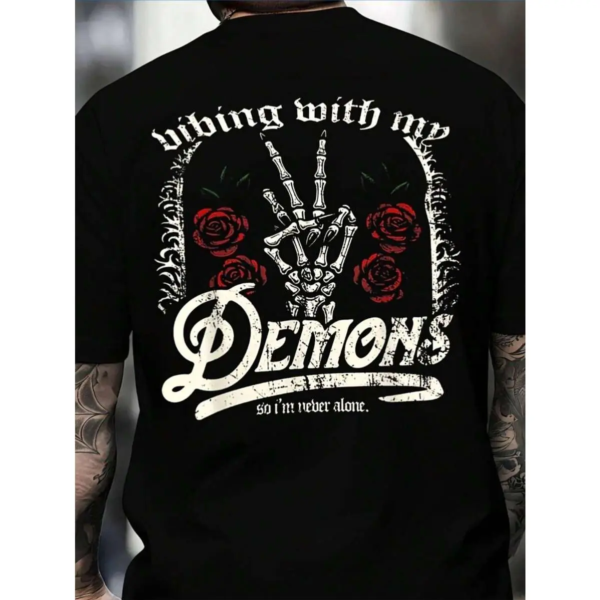Hiding With My Demons Graphic Plus Size T-Shirt - Gothic Style Black Tee With Skeletal Hand Peace Sign And Red Roses Design, Unique Tattoo-Inspired F