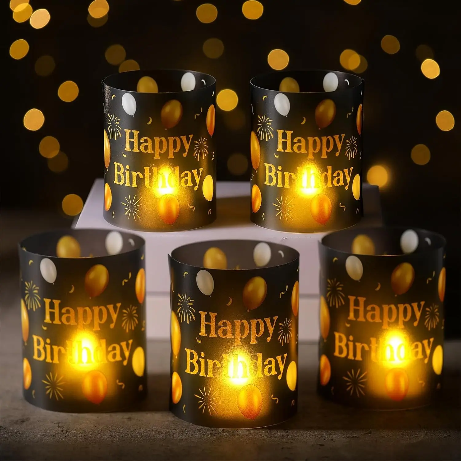 Women's 10-Set Black and Gold Birthday Lantern Boxes with Tea Lights, Party Supply Table Centerpieces for Birthday Celebrations, Lanterns