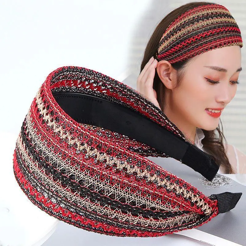 Color Stripe Hollow Woven Wide Headband Anti Slip Teeth Inside Boho Fabric Hair Hoop Women Summer Picnic Hair Accessory, Breathable Mesh