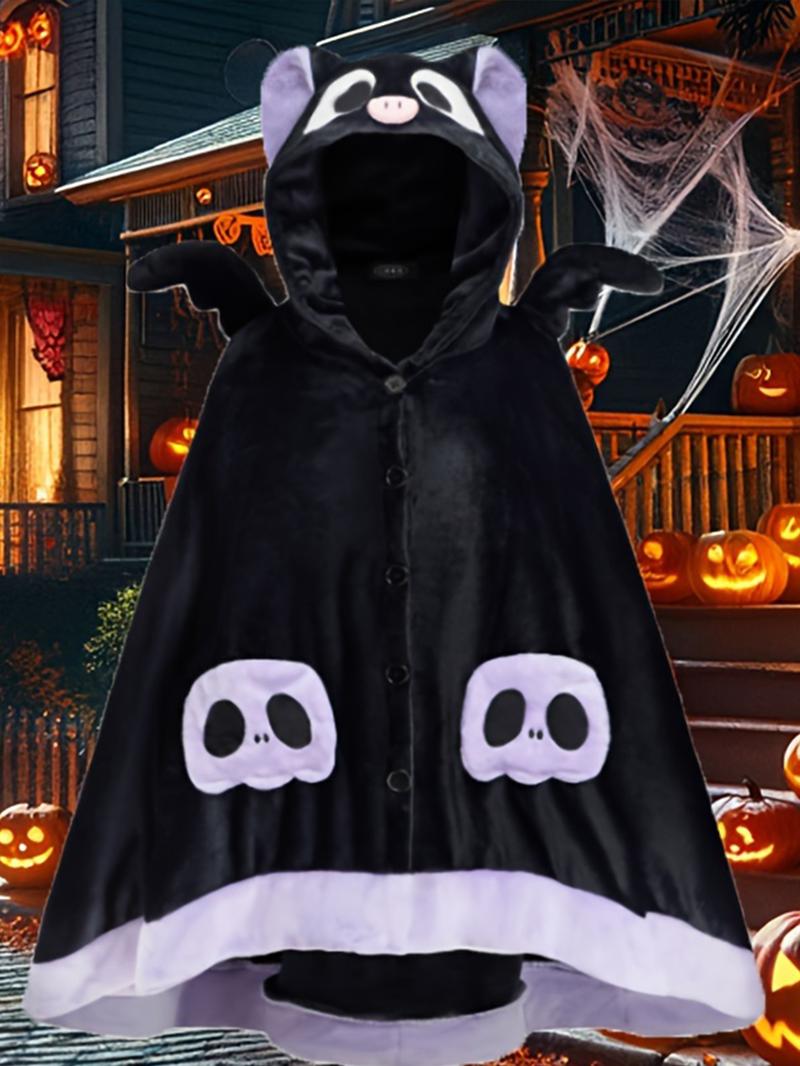 Women's Halloween Themed Pocket Button Front Hooded Bathrobe, Casual Long Sleeve High Low Bathrobe, Women's Sleepwear for Fall & Winter