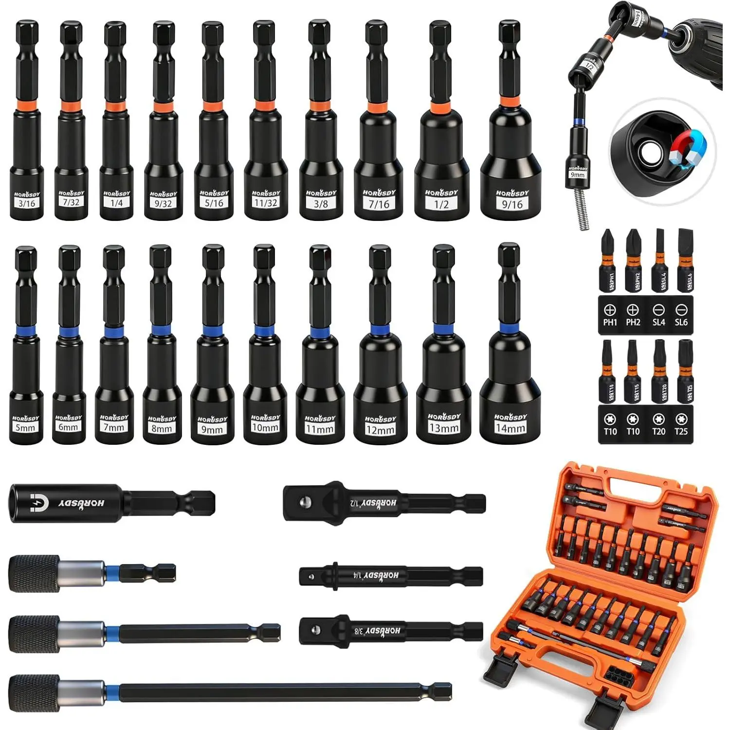 35 PCS Nut Driver Set, Driver Bit 1/4" Hex Shank, SAE & Metric Cr-V Nut with Quick-Release Extensions,, Bit Holder, 8PCS S2 Bits, Toolbox