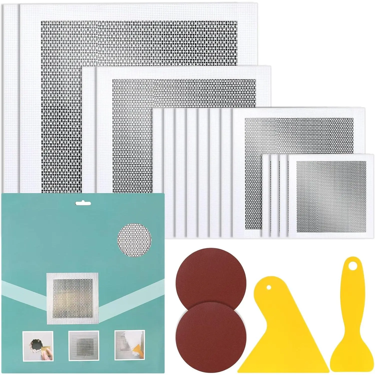 16-Count Multi-Size Fiberglass Drywall Repair Patch Kit, Self-Adhesive 2/4/6/8-Inches Wall Hole Patches, Sandpapers & Scrapers Included, Quick Fix for Drywall Walls & Ceilings (for DIY Users)