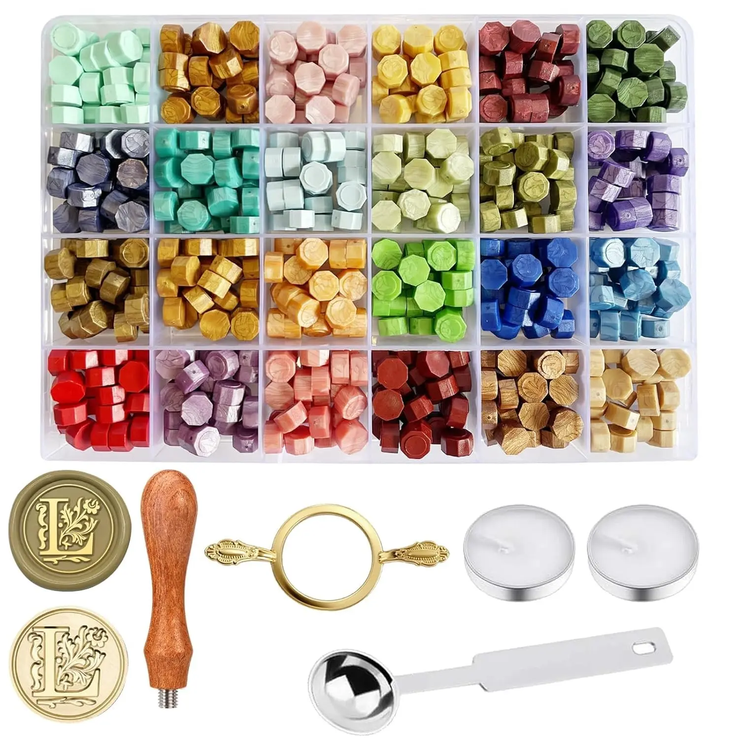 Wax Seal Stamp Kit Sealing Wax Beads in 24 Colors with Personalized Letter Stamp Steel Melting Spoon Tea Candles and Round Molds Perfect for Wedding Invitations Envelopes(L)