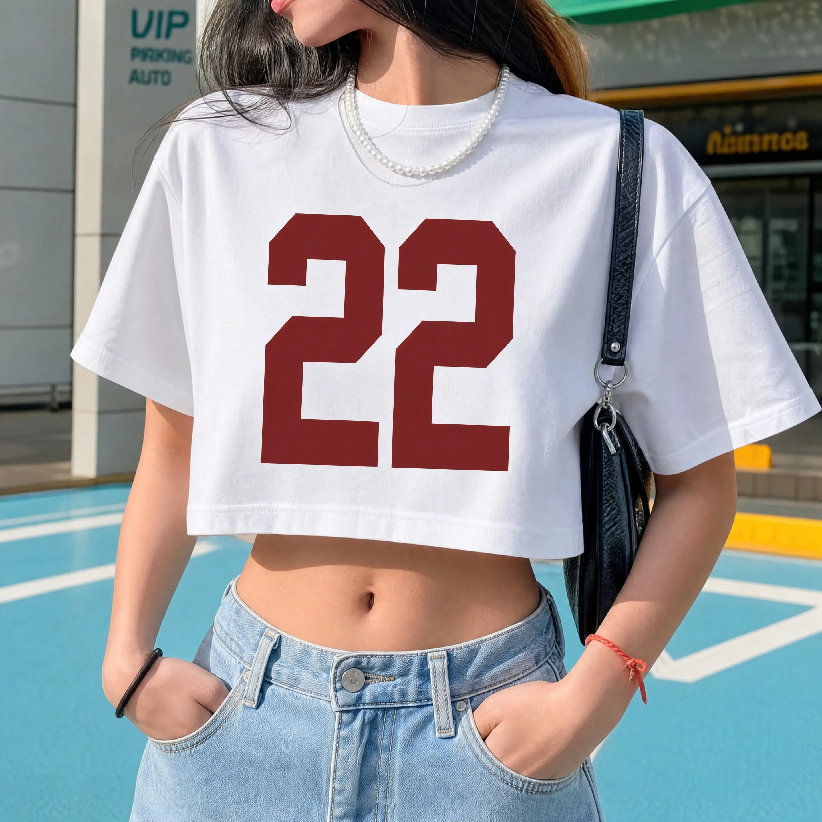 Women White Crew Neck Short Sleeve Crop Top Burgundy Number 22 Print Y2K Sporty Streetwear Summer Casual Loose T Shirt for Gameday Daily Wear Hang Out
