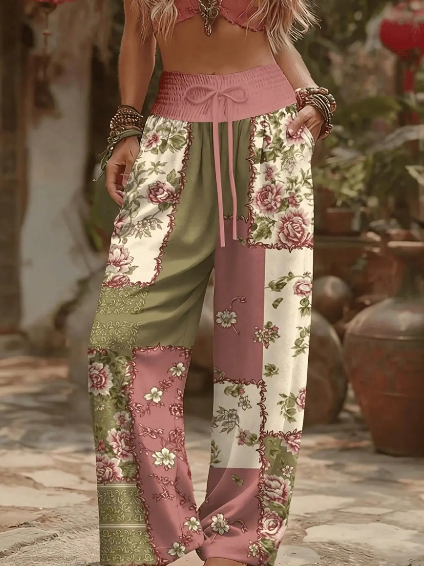 Plus Size Floral Patchwork Wide Leg Pants Casual Drawstring Waist Loose Pants, Basic Vacation Bottoms, Relaxed Fit Casual Ensembles, Stylish Pocket Boho Casual Outfit Bohemian