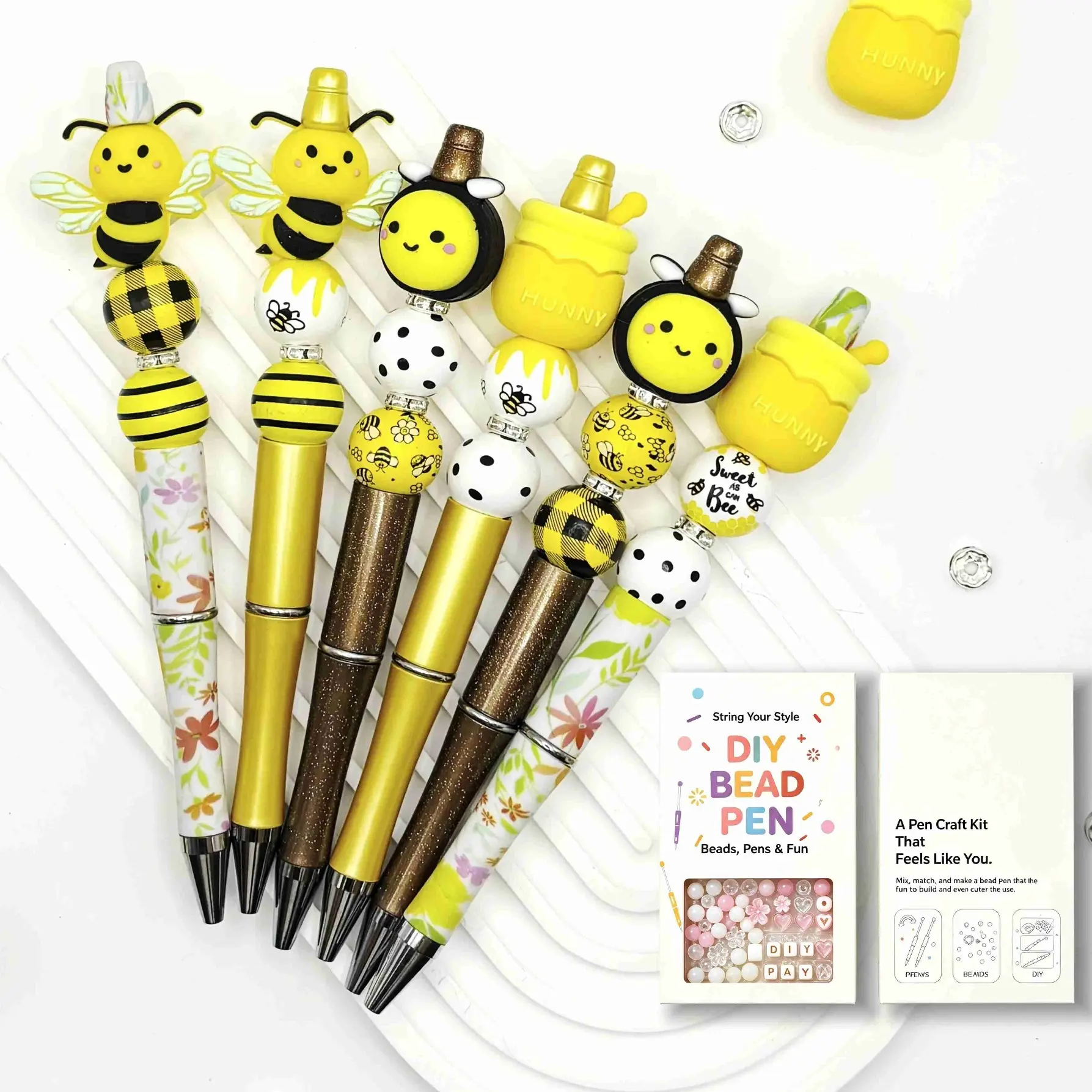 Bee Honey Jar DIY Beadable Pen Kit 6PCS Gift Box Complete Craft Set, Yellow Bumblebee Themed Beaded Pens Making Kit with All Beads Charms Spacer Beads, Spring Holiday Handmade Gift for Bee Lovers Women Teacher