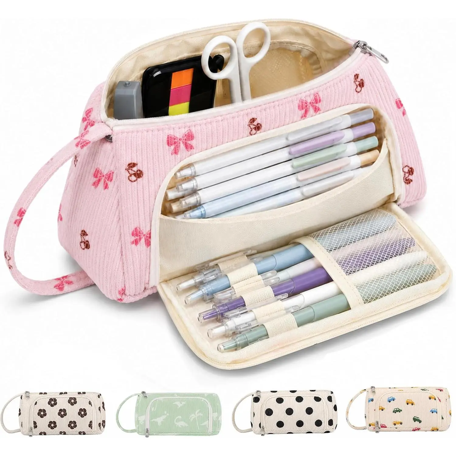 Big Capacity Pencil case,Soft Corduroy Pencil Bag with 3 Compartment Pouch Bag for School Supplies Office for Teen Girls Boys Women Man ( Bow With Cherry)