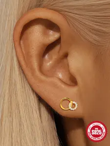 Waterproof S925 Sterling Silver Gold Plated Interlocking Loop Stud Earrings, Non-Tarnish Hypoallergenic Y2K Bling Rhinestone Accessories, Tarnish Free Classic Sparkly CZ Geometric Double Hoop Cartilage Helix Piercing Jewelry Trendy Gift for Her Women