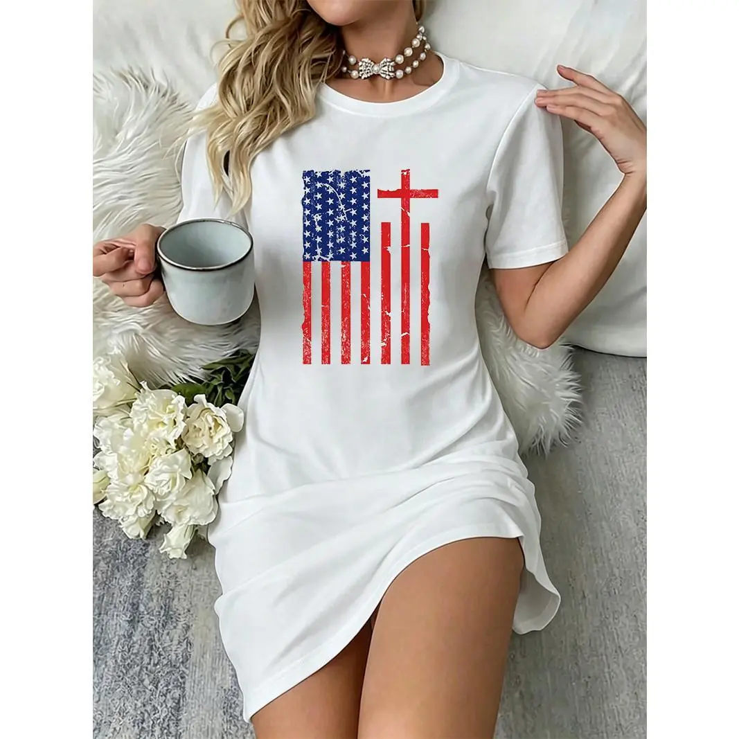 Vintage Streetwear T-Shirt Dress with a Distressed American Flag Cross Graphic, Lightweight and Breathable Polyester Fabric, Women, Oversized, Casual Wear, Loose, Spandex, Polyester Blend, Fits, Loose Fit For All, Oversized Fit