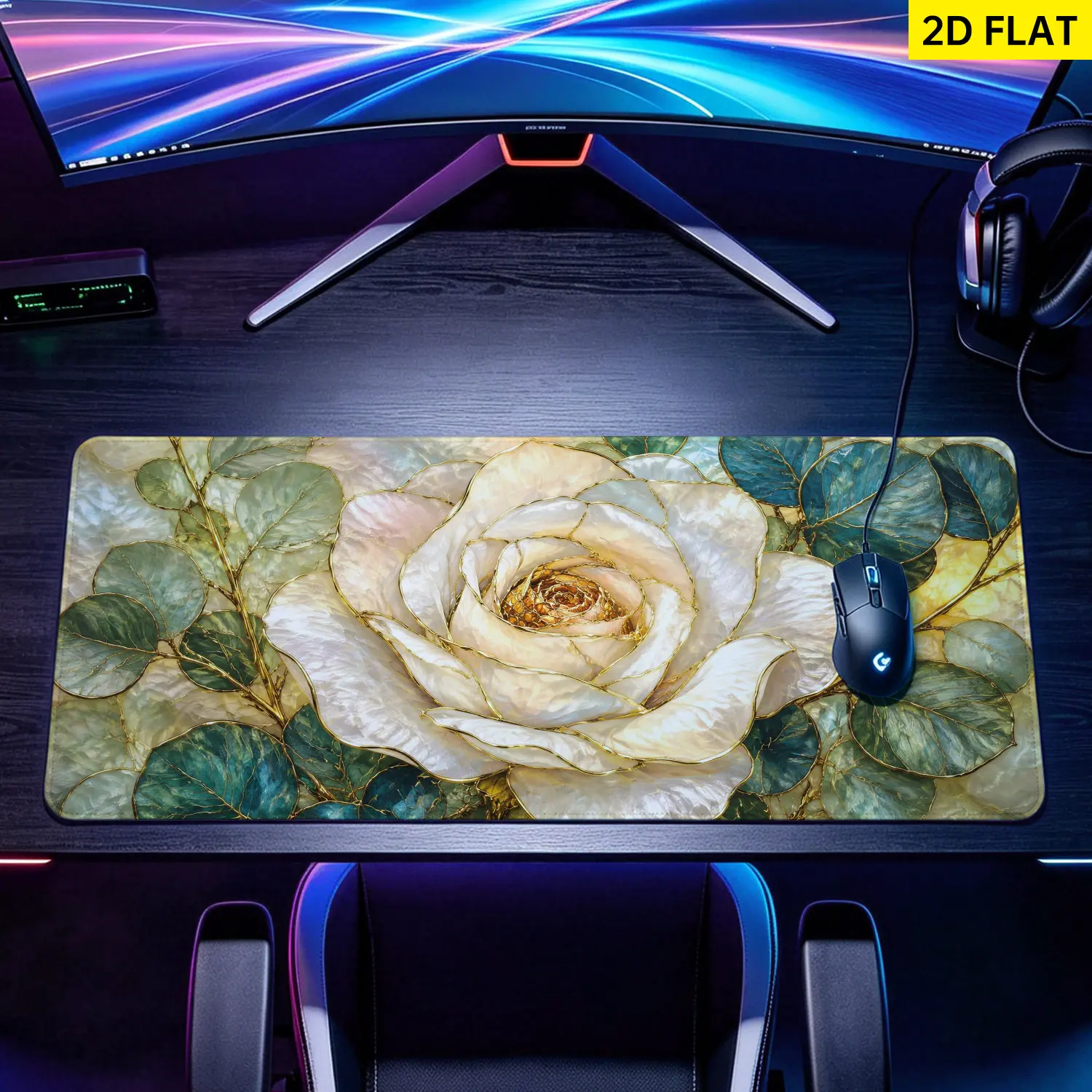 Extra Large Elegant White Rose With Gold Lines Mouse Pad,Non Slip Rubber Pad,Desktop Decoration Drotection Pad,Washable,Lock Edge Multi Size,Premium Multipurpose Mousepad For Home,Office,Gift for Family and Friends