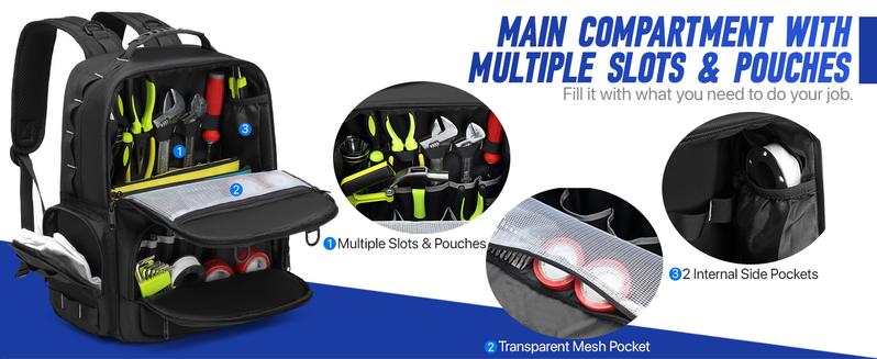 Tool Backpack,Heavy Duty Tool Bags for Men,Tool Storage Organizer Bag With 3 Tool Pouches for Electrician/Industrial/Construction/Tactical/Hvac Techs/Repairman Work