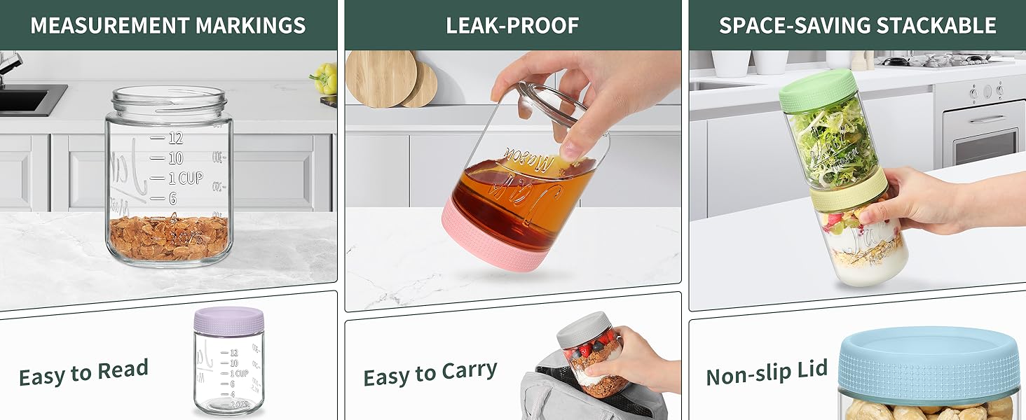 4-Pack 16oz Overnight Oats Containers with Airtight Lids - Jars with Measurement Marks for Yogurt, Meal Prep & Chia Pudding, Stackable & Leakproof 4-Pack 16oz Overnight Oats Containers with Airtight Lids - Jars with Measurement Marks for Yogurt, Meal Prep & Chia Pudding, Stackable & Leakproof