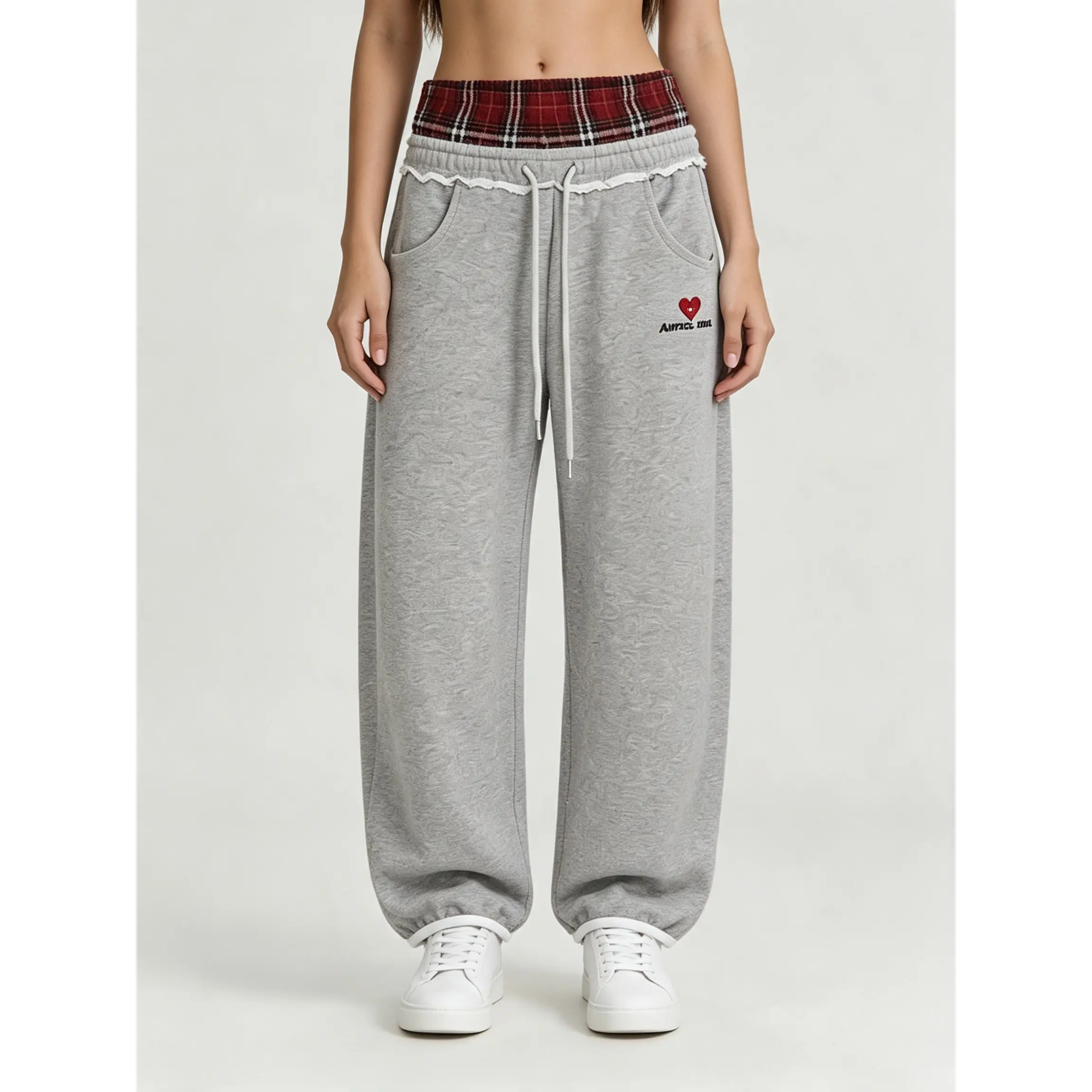 Women's Double Waistband Striped Embroidered Sweatpants| Loose Faux-Layer Streetwear Joggers| American Vintage High-Waist Lounge Pants