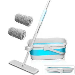 Flat Mop and Collapsible Bucket kit, 1 Pack Foldable Rectangular Mop Bucket, 1 Hands Free Manual mop, 2 Mop Pads