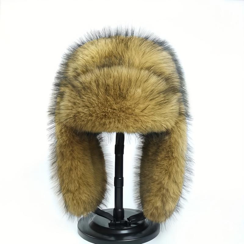 Elegant Retro Thickened Faux Fur Ushanka Hat - Warm Pilot Cap with Ear Coverage, Ideal for Hiking, Skiing, Cycling & Daily Wear, Classic Polyester Fisherman Hat with Hook-and-Loop Closure, Outdoor Headwear |   Vintage Style Hat | Faux Fur Hat