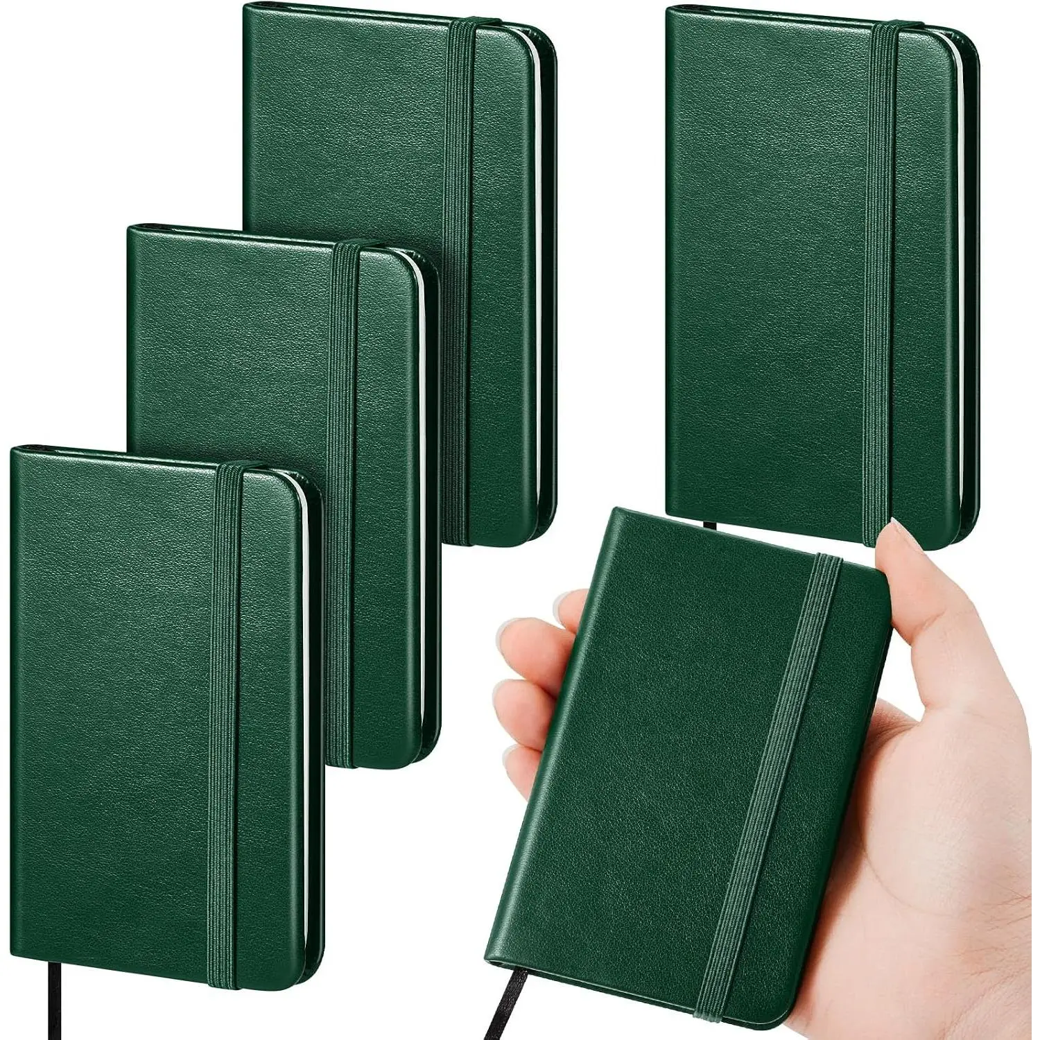 4 count Mini Pocket Hardcover Notebook Dark Green Classic | 4x2.5 Inch 50 Lined Pages, PU Leather Elastic Band, Portable for Office, School, work Pocket Notepad