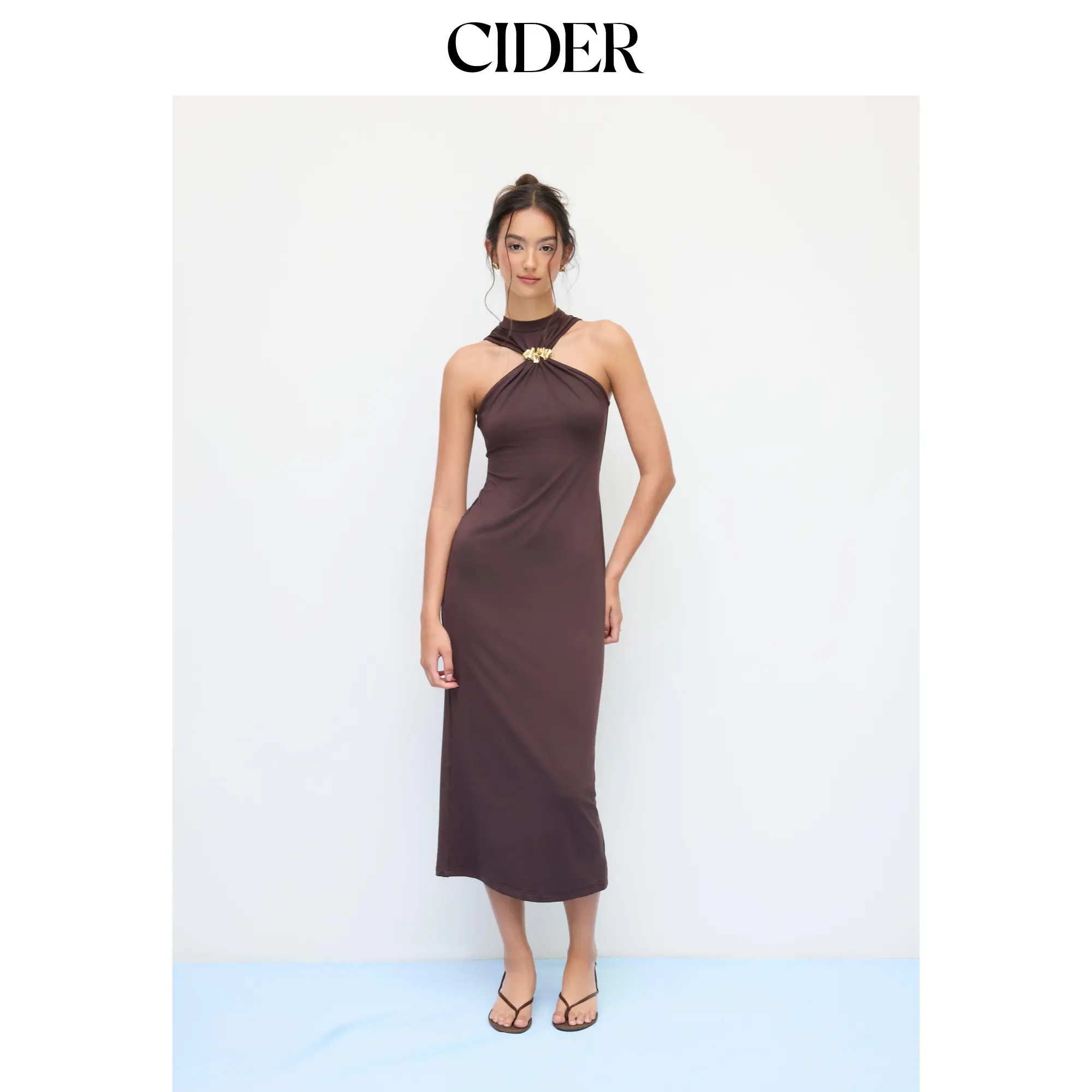 Cider Stand Collar Metal Detail Split Back Maxi Dress
