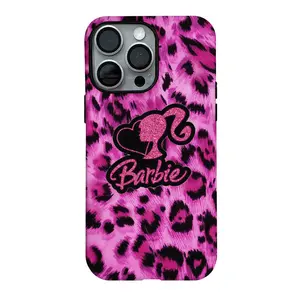 Hot Pink Leopard Print Glitter Barbie Silhouette Phone Case, Shockproof Protective Cover For iPhone 16 15 14 13 12 11 Pro Max Plus Mini XR XS Max | Y2K Barbiecore Coquette Aesthetic Case
