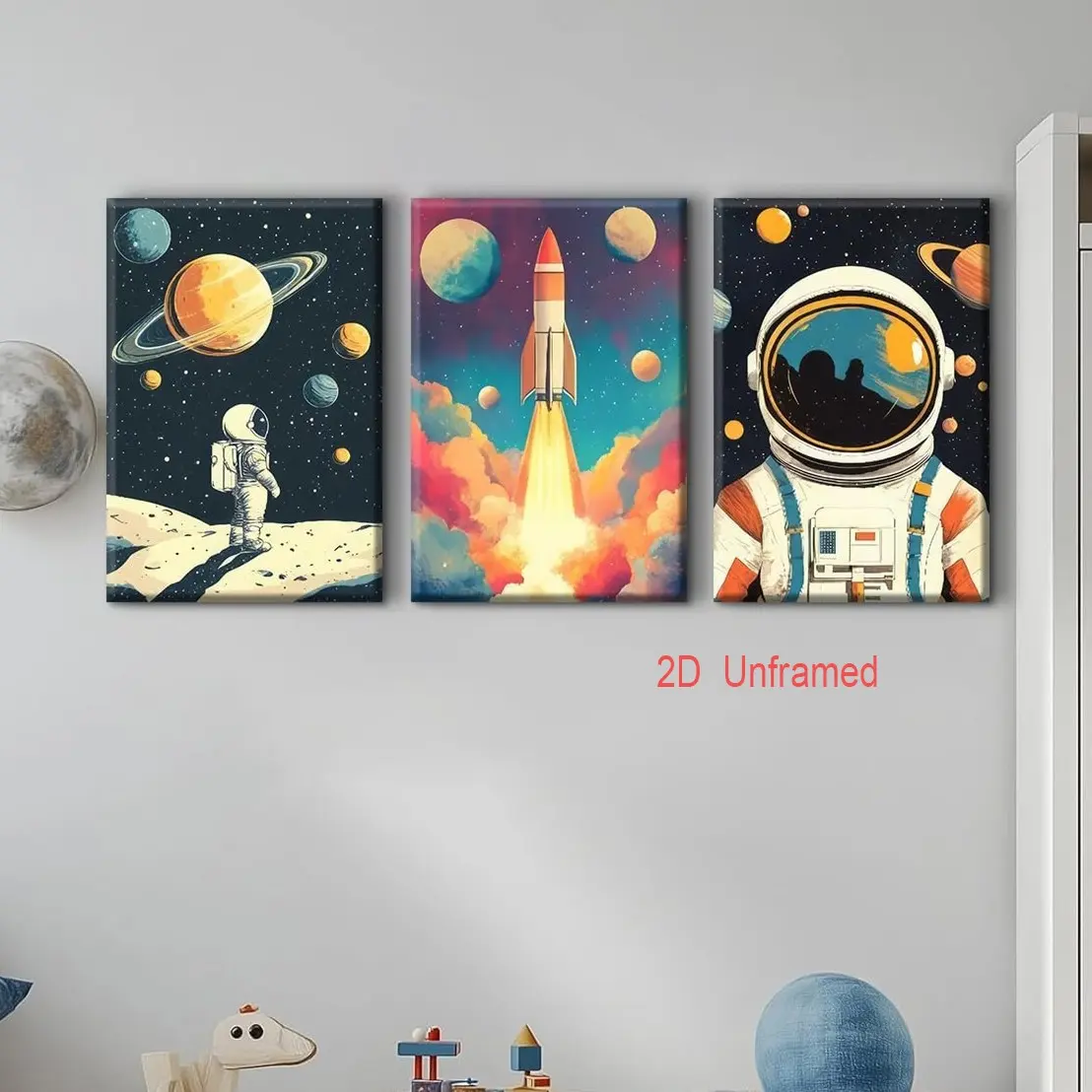 3-Piece   Frameless    Space-Themed Canvas Wall Art Set: Astronauts, Children’s Art, Wall Decor—Explore the magical galaxy through canvas prints and artwork, perfect for boys’ rooms, girls’ rooms, and children’s rooms