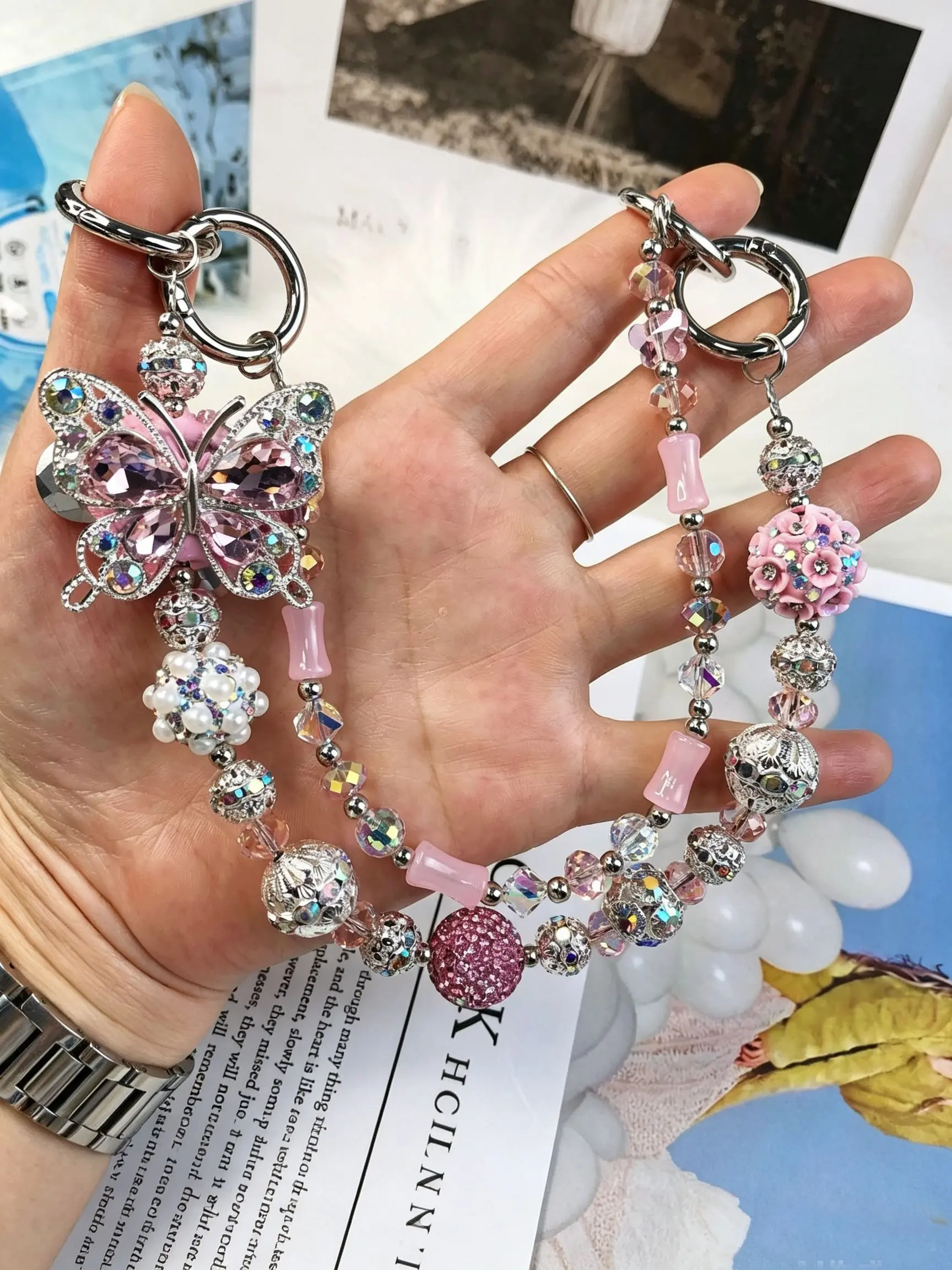 Hot-selling new double-layer heavy-duty beaded butterfly phone chain, fashionable and versatile, rich lady chain, multi-color blind box, handmade bag accessory, phone accessories charm, a birthday gift for a beautiful woman, Cell Phone Charms