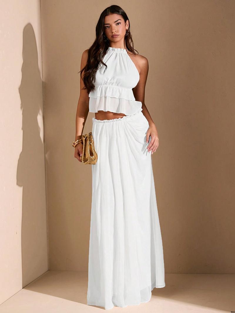 Date Beach Holiday , Women For Maxi Slit High Ruched Asymmetric White BAE tiktok White Skirt Vacation