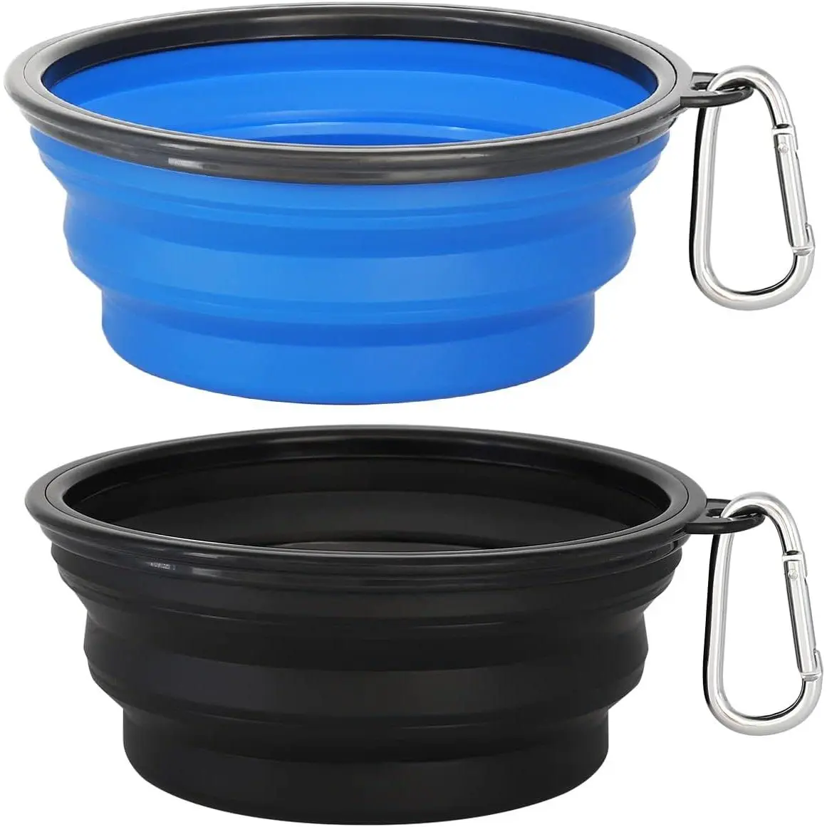 Large Collapsible  Bowls 2 Pack, 34oz Foldable  Travel Bowl, Portable  Water  Bowl with Clasp,   Feeding Cup Dish for Traveling, Walking, Hiking (Black+Blue)