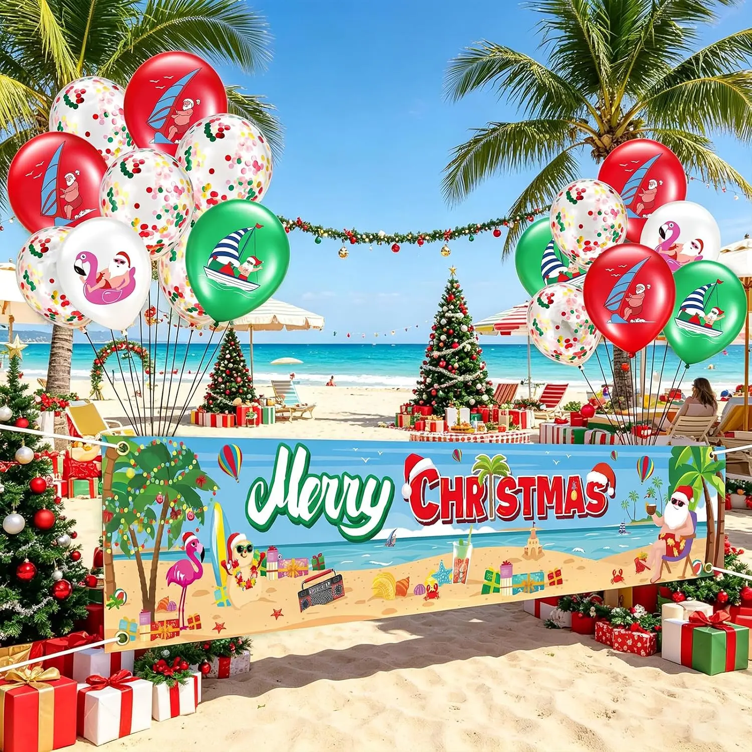 42 count Summer Christmas Decorations Set Summer Christmas Fence Banner July Banner and Latex Balloons Santa  Tropical Beach Theme Party Supplies Yard Garden Outdoor Decor