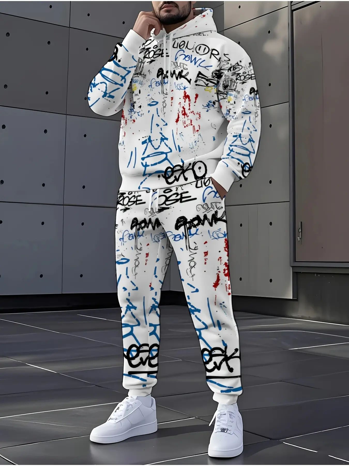 Trendy Street Graffiti Set Hoodie and Jogger Pants 2pcs Fashion Personality Casual Sports Suit Unisex Daily Street Wear Versatile Outfit for Men and Women Comfortable and Stylish Casual Tracksuit