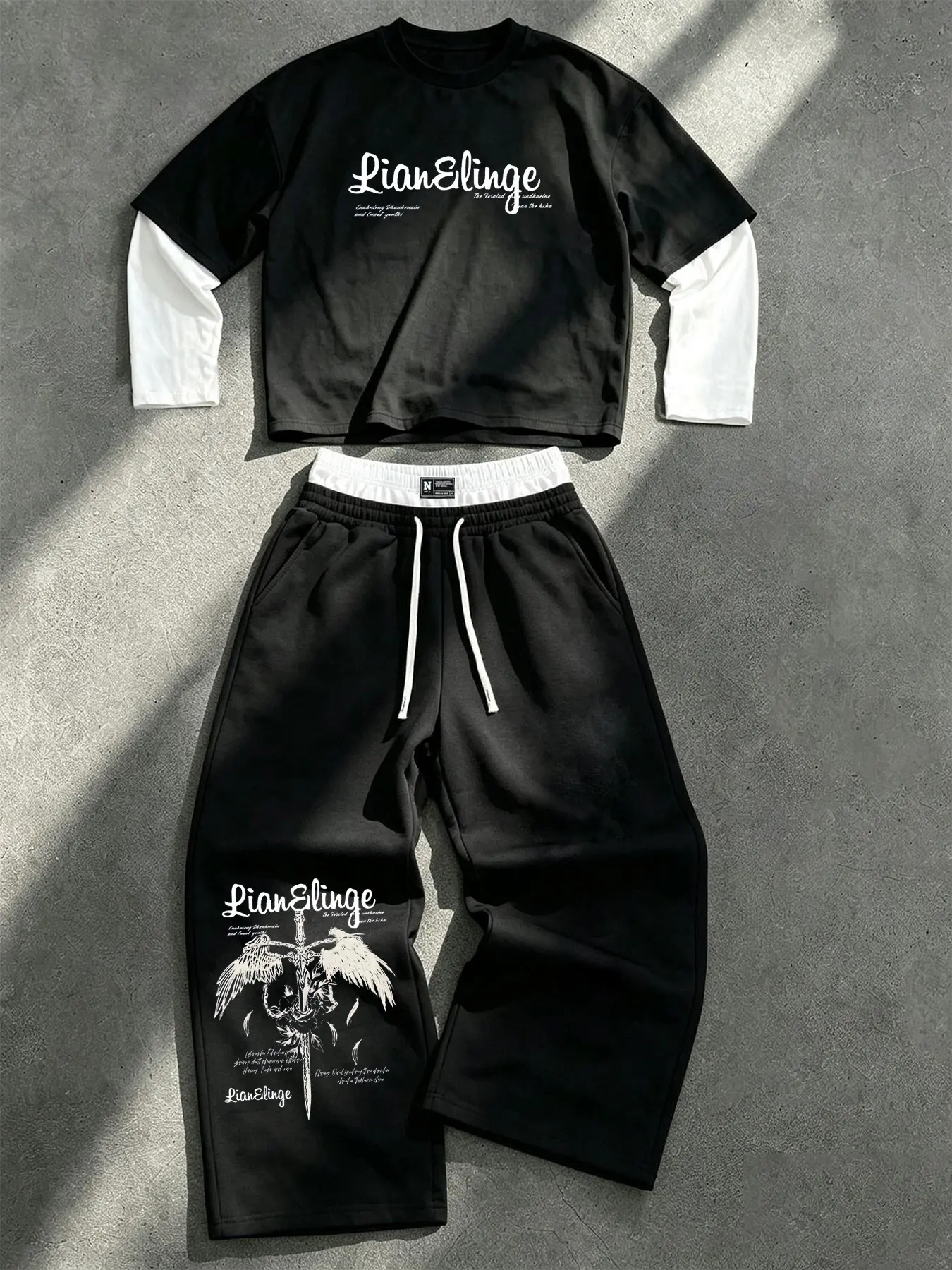 American West Coast Fake Two-Piece Long Sleeve T-Shirt Set, Letter Angel Eagle Print Wide Leg Sweatpants, High Street Loose Fit Casual Two-Piece Set