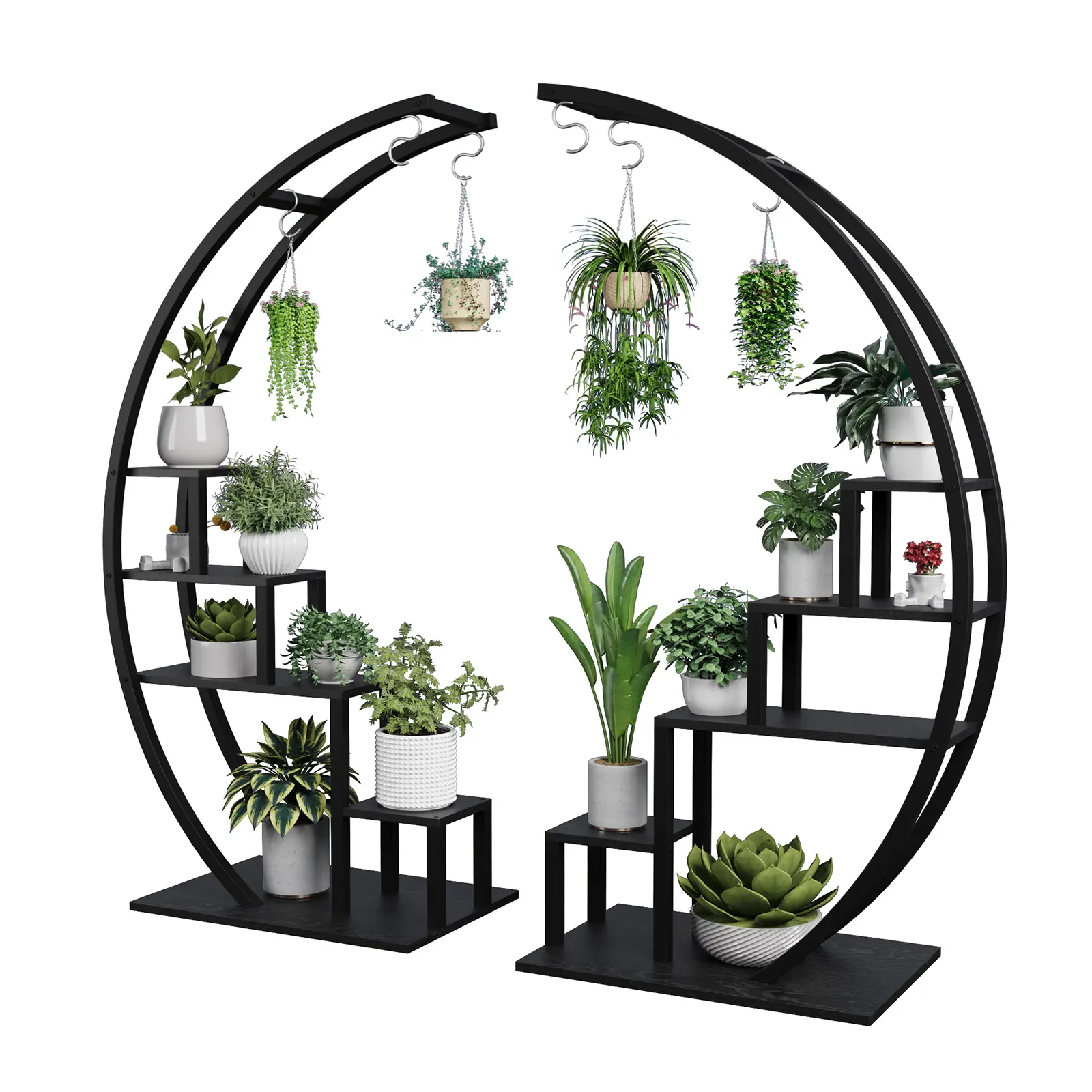 Set of 2 Half Moon Plant Stands – 5-Tier Tall Metal Flower Rack with 6 Hooks – Space-Saving Indoor Plant Shelf for Large Pots – Black Ladder for Living Room, Balcony, Patio, Garden