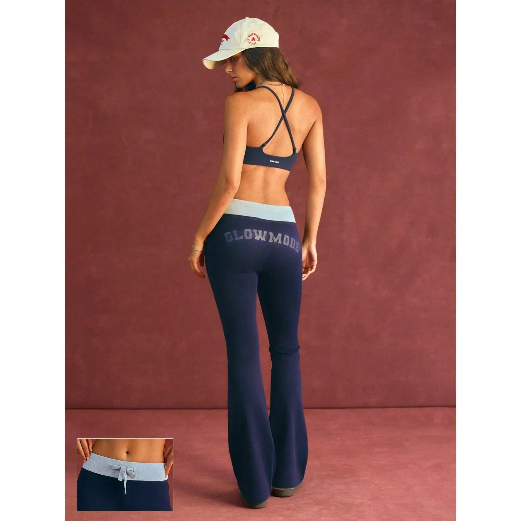 GLOWMODE 31" Jeanius Moves Varsity Flow Faux Denim Stretchy Lightweight Low-Rise Ribbed Waist Flare Lounge Pants Daily Casual Wear