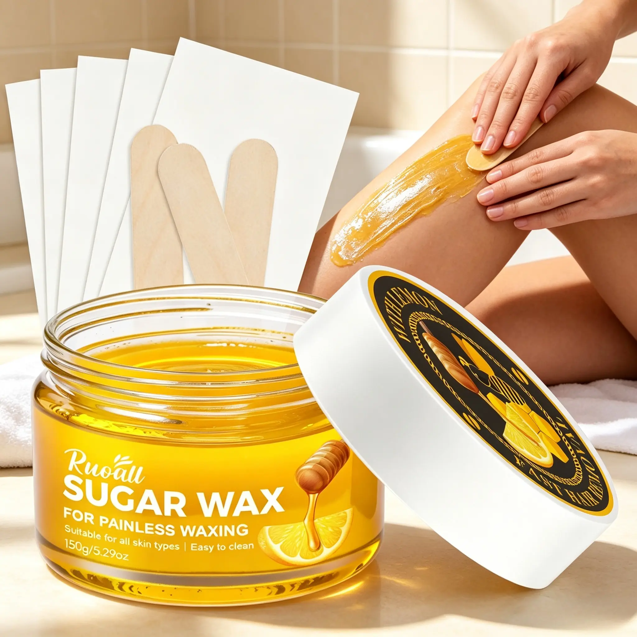 150g Lemon Honey Sugar Wax Hair Removal Kit Painless Natural Sugar Wax With Wax Strips Wooden Spatulas For Leg Arm Bikini Full Body At Home Waxing
