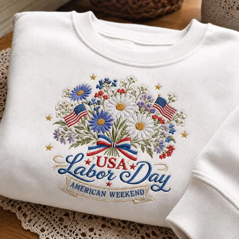 Oversized Crewneck Sweatshirt, USA Labor Day American Weekend Floral Flag Graphic Printed Craft Tee, Comfort Soft Cotton Drop Shoulder Top, Fashion Patriotic Holiday Outfit, Cute Summer Apparel, Best Festival Gift for Her Him, Special Present for Family F