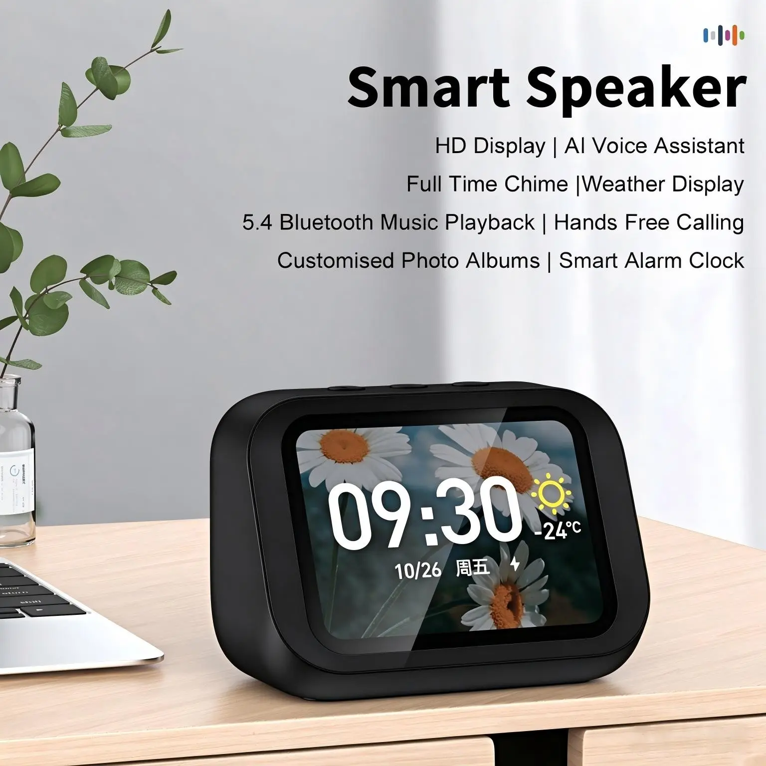 Ai Smart Speaker with Intelligent Alarm Clock, Wireless Bluetooth-compatible Speaker, Dynamic RGB Lights, High-Quality Stereo Sound, HD Display, 1800mah Battery