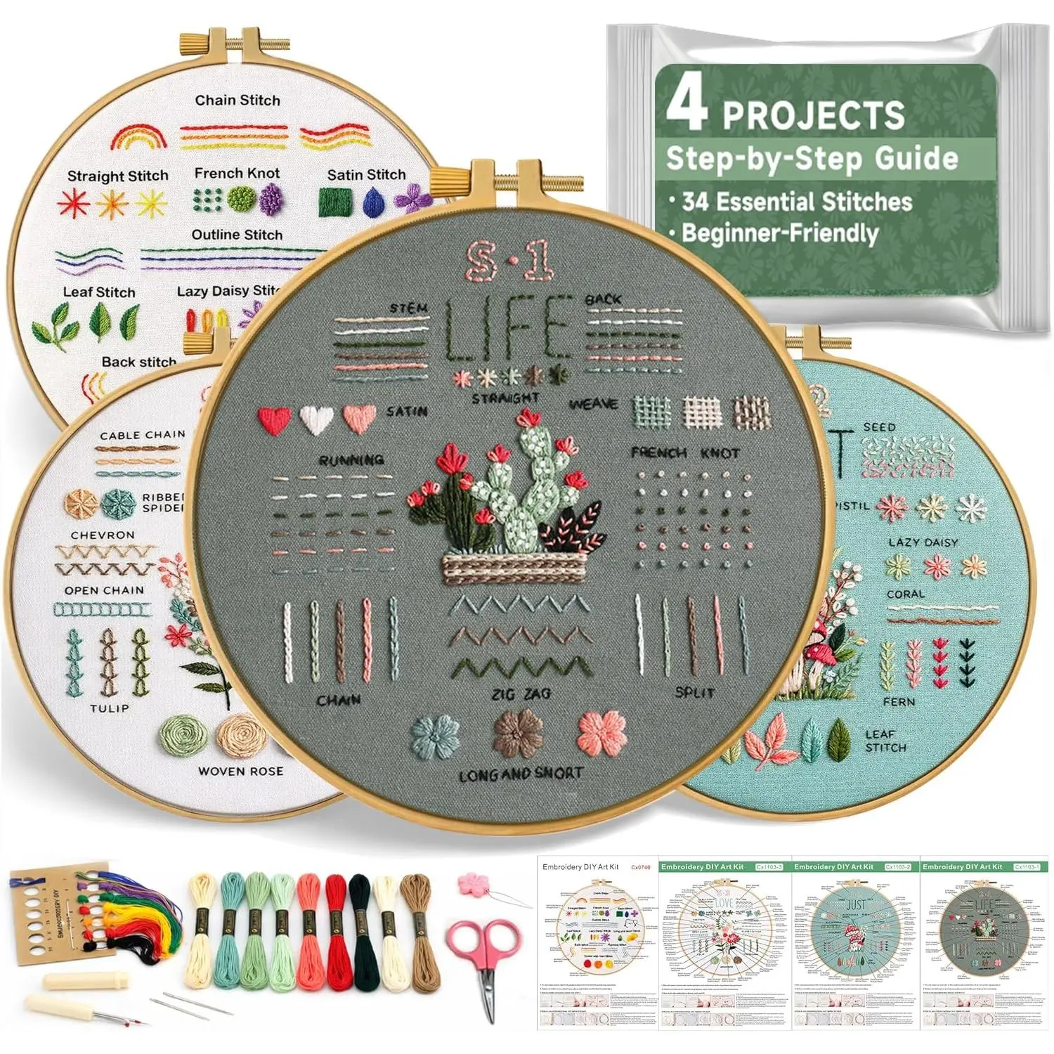 4 Pack Starter Embroidery Kit for Beginners - -in-  Practice Kit with Simple Patterns, Learn 34 Embroidery Stitches with Step-by-Step Guide & Video, Craft  Adults & Teens