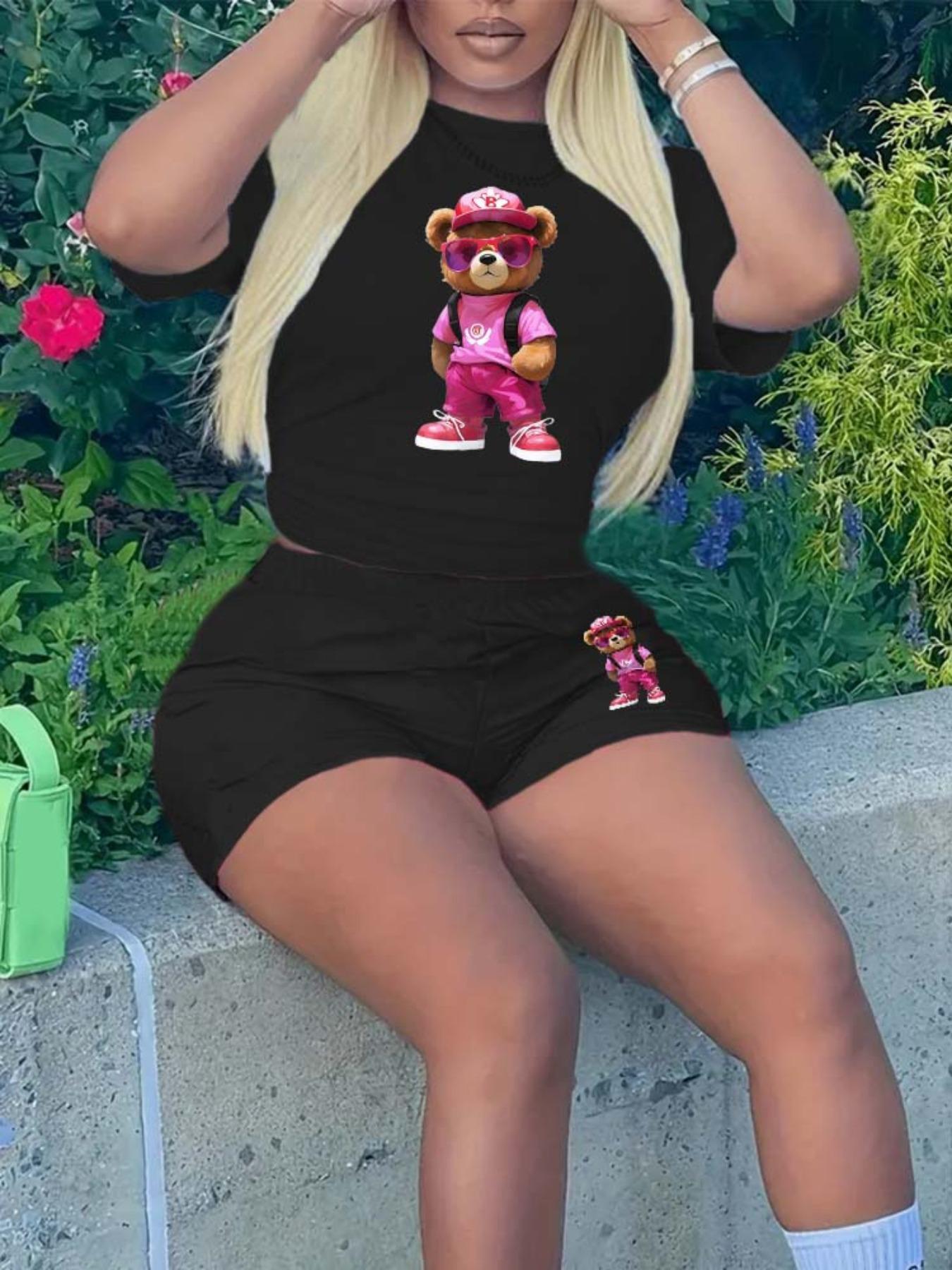 Two-Piece Set Women's Cartoon Bear Print Short Sleeve T-shirt & Skinny Shorts Set, Round Neck Tee & Shorts for Summer, Lady Outfits for Daily Wear