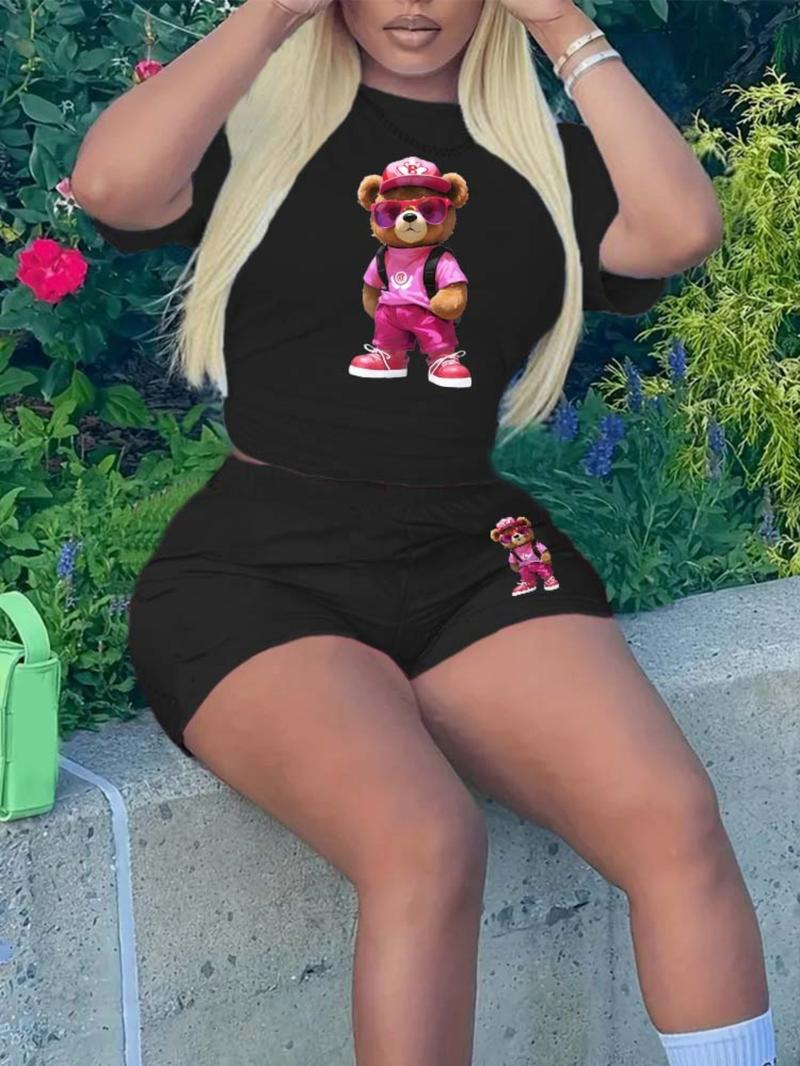 Two-Piece Set Women's Cartoon Bear Print Short Sleeve T-shirt & Skinny Shorts Set, Round Neck Tee & Shorts for Summer, Lady Outfits for Daily Wear