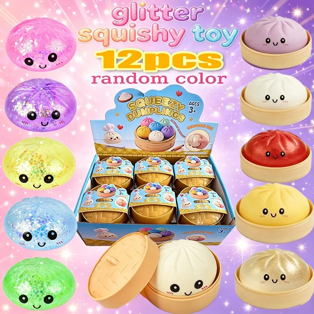 12pcs Glitter Dumpling Squishy, Soft Tpr Dough Ball with Steamer, Sensory Stress Relief Toy, Unisex Soft Squishy Fidget, Dumplings Squishy Glitter