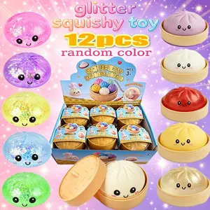 12pcs Glitter Dumpling Squishy, Soft Tpr Dough Ball with Steamer, Sensory Stress Relief Toy, Unisex Soft Squishy Fidget