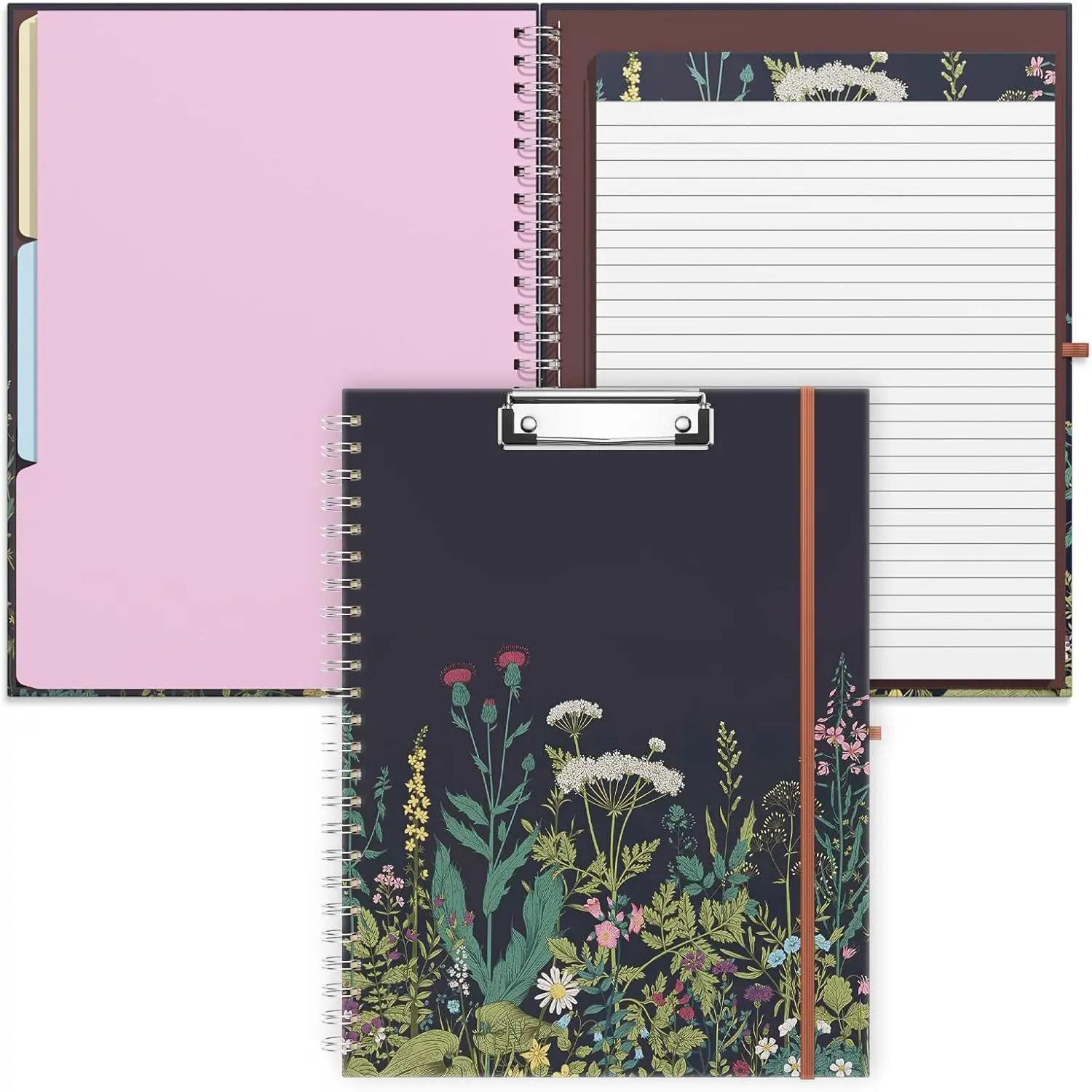 Spiral Clipboards Folio with Refillable Lined Notepad, 14.5 x 9.8 In, Hardcover Cover with 5 Interior Pockets, Elastic Band and Pen Loop Series. Cute Stylish Clipfolio, Daisy Flower
