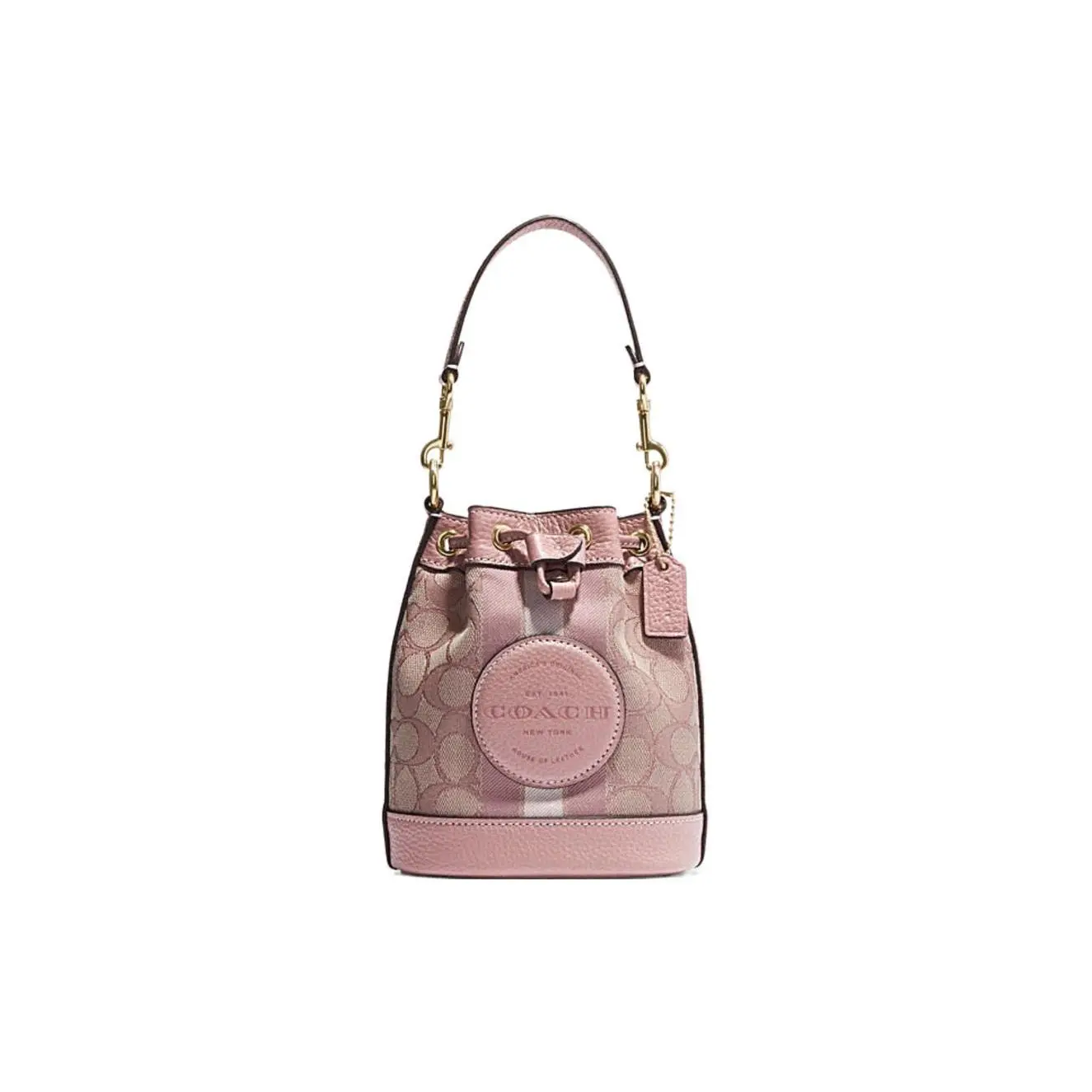 Women's Coach Dempsey 14 Mini Bucket Bag - Colorblock C-Logo Drawstring, Coated Canvas & Pebbled Leather, Smoked Rose Pink, Water-Resistant Colorblock Women's Handbags, Water-Resistant Women's Handbags