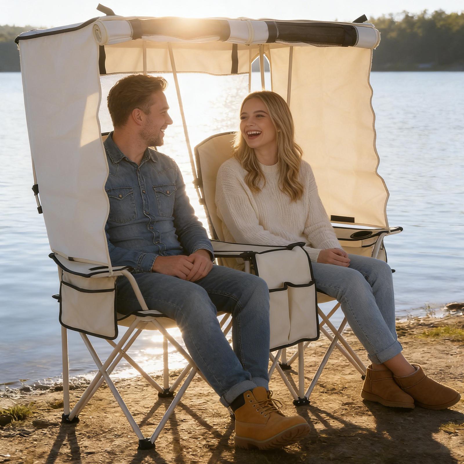 Folding Camping Two-Person Seat with Shade Canopy Portable Double Camping Chair with Cup Holder Cooler Bag Protection for Beach Fishing Camp Sports Event NEW Folding Camping Two-Person Seat with Shade Canopy Portable Double Camping Chair with Cup Holder Cooler Bag Protection for Beach Fishing Camp Sports Event NEW