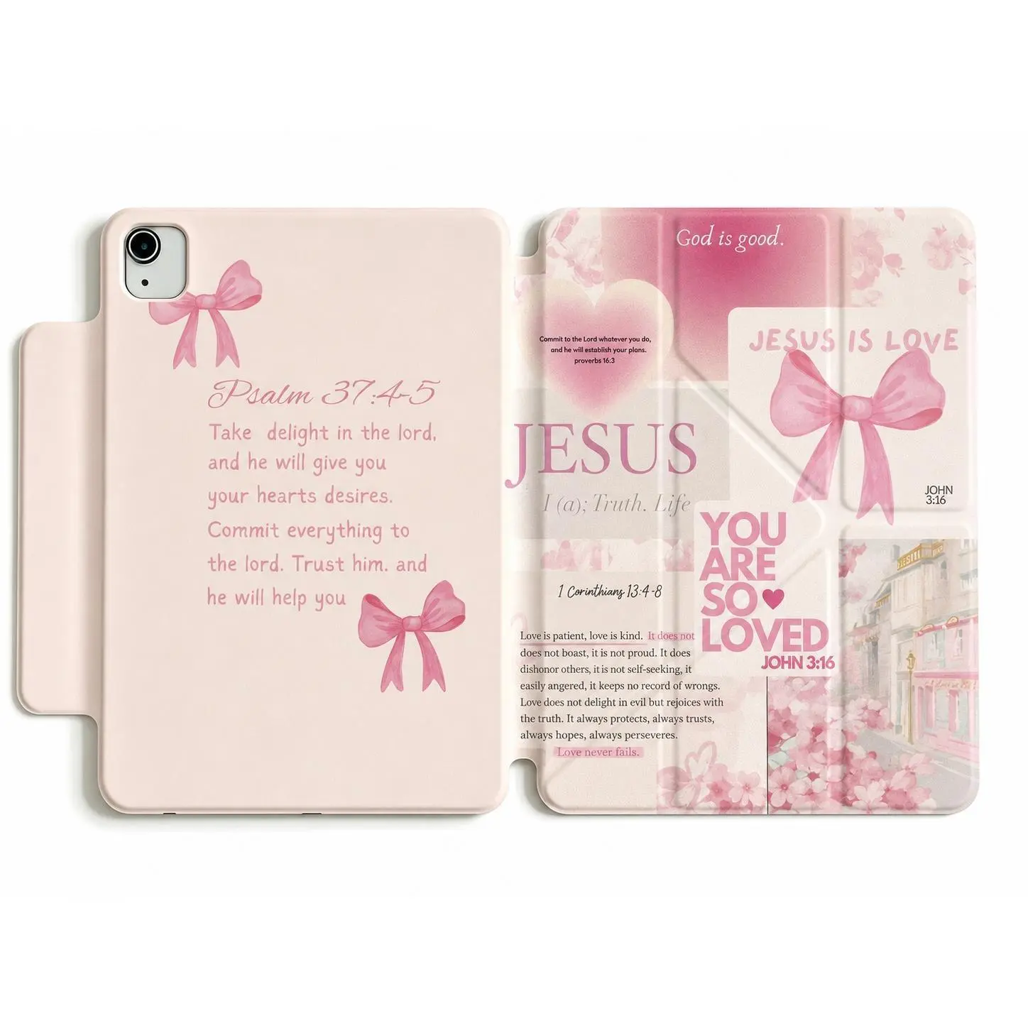 DarlingCase Christian Tablet Casing - Jesus Is Love, Psalm 37:4-5 & John 3:16, Pink Bow Motif, Magnetic Detachable 360° Rotatable Shockproof Cover with Pencil Holder for iPad A16, Air, Pro 11/13, Mini 6/7 Tablet Accessories, Protection