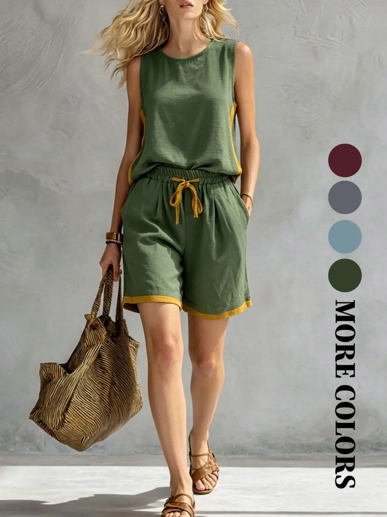 Women's Summer Beach Vacation Two-Piece Set, Breathable Moisture-Wicking Tank Top and Shorts, Colorblock Casual with Pockets Clothes