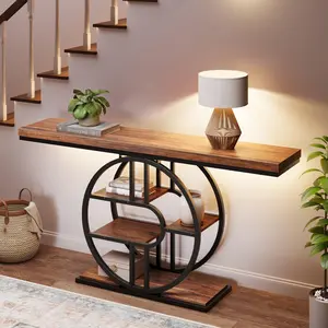 55" Entryway Table, 5-Tier Console Tables for Entryway, Entryway Table with 3-Tier Open Storage & 1.5" Thickened MDF Top, 270 LBS Capacity Metal Frame Sofa Table, Retro Brown