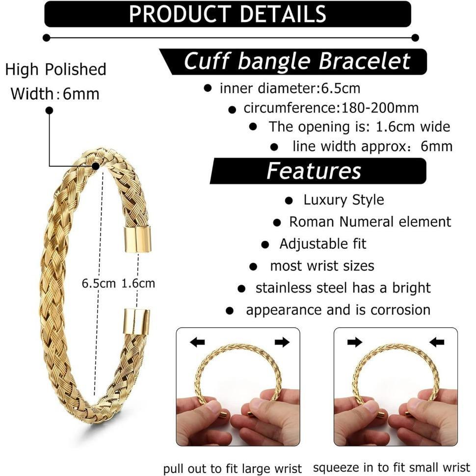 FINREZIO 3PCS Stainless Steel Men's Roman Numeral Bangle Bracelet Adjustable Cuff Twisted Cable Design Luxury Jewelry Gift in Gold, Silver, or Black