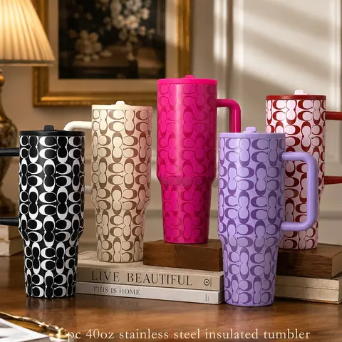 1 Count 40oz Patterned Stainless Steel Tumbler with Handle and Lid, Double-Wall Vacuum Insulated Travel Mug for Coffee and Tea, 12H Heat Retention 24H Cold Retention, Large Capacity Cup for Office, Gym and Travel, Portable Insulated Tumbler, Ideal Gift
