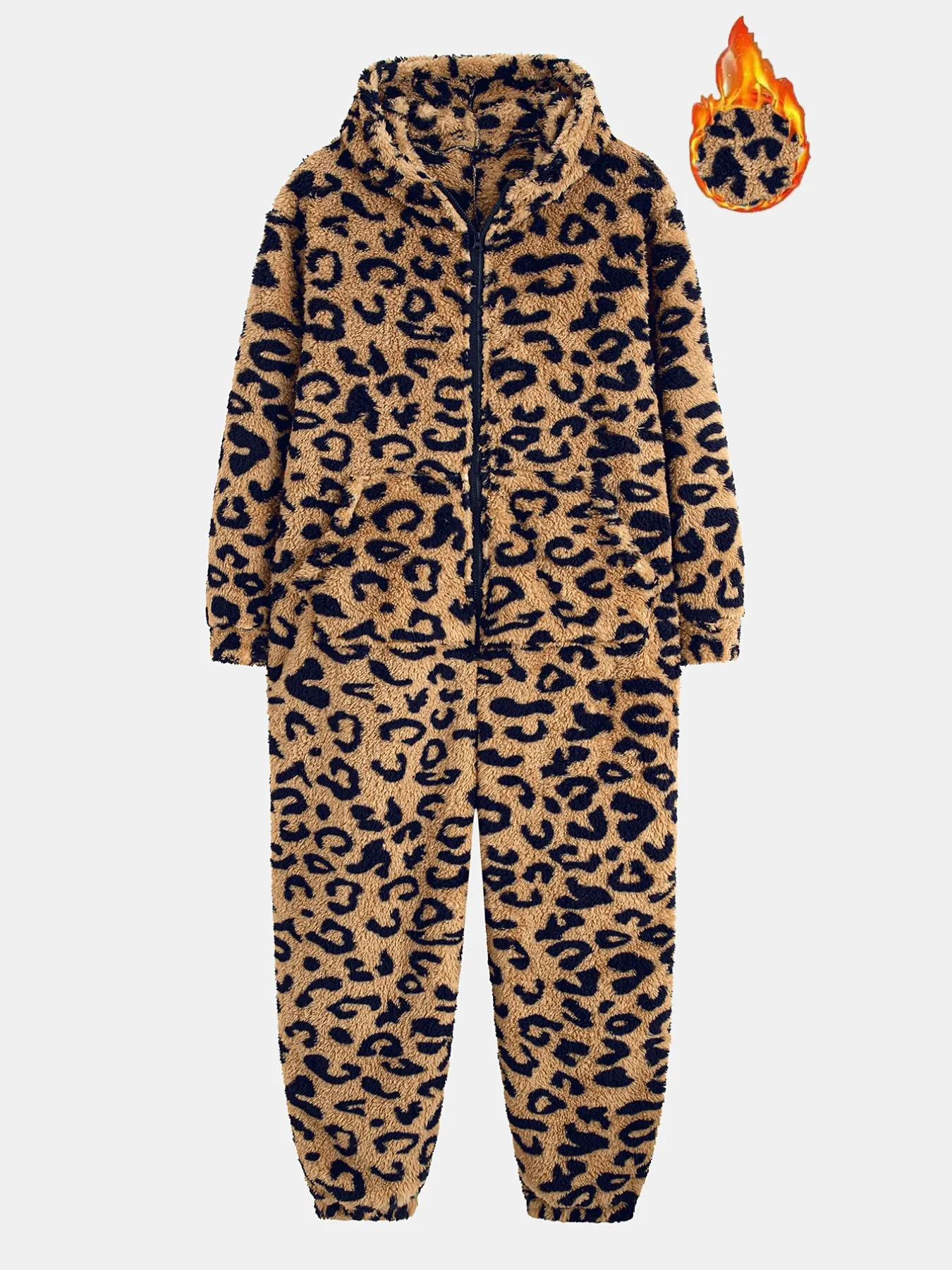 Trendy Leopard-Print Plush Hooded Onesie for Men, Full-Zip Warm Fleece Jumpsuit, Cozy Loungewear Sleepsuit, Ideal for Home Relax and Parties